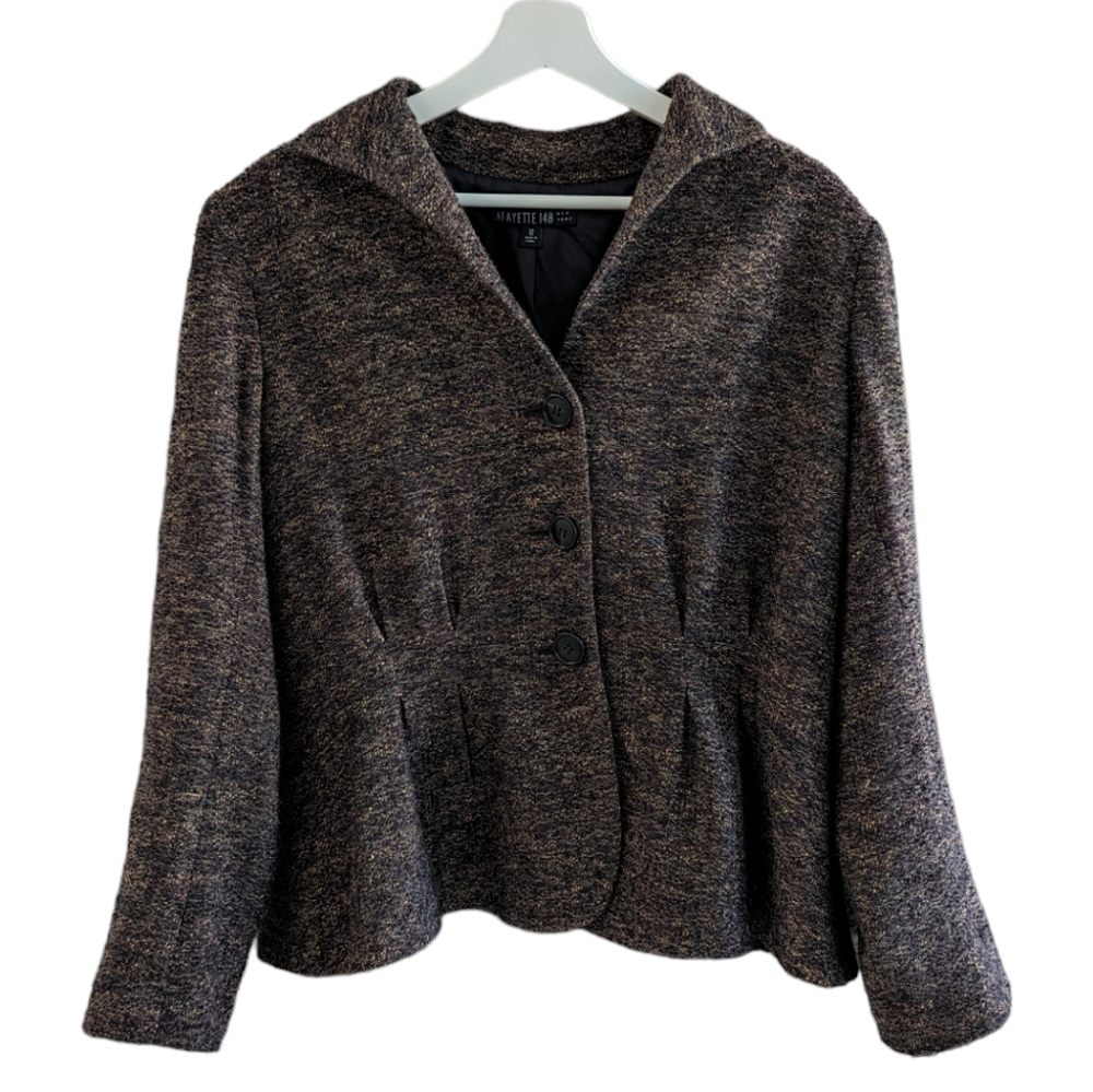 Lafayette 148 Tweed Pleated Jacket Blazer Brown Size 12 Button Cinched Waist